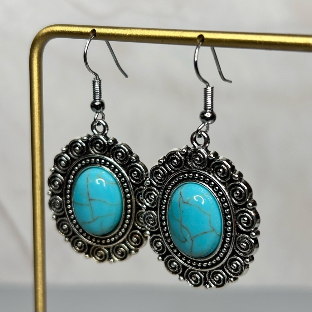 Elegant Silver Tone and Turquoise Stone Earrings - Picture 3 of 4
